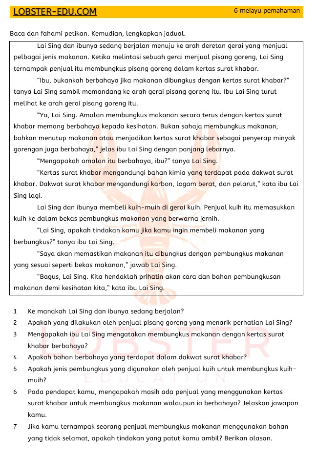 Bahasa Melayu / Tahun 6 / Pemahaman / Bungkusan Makanan