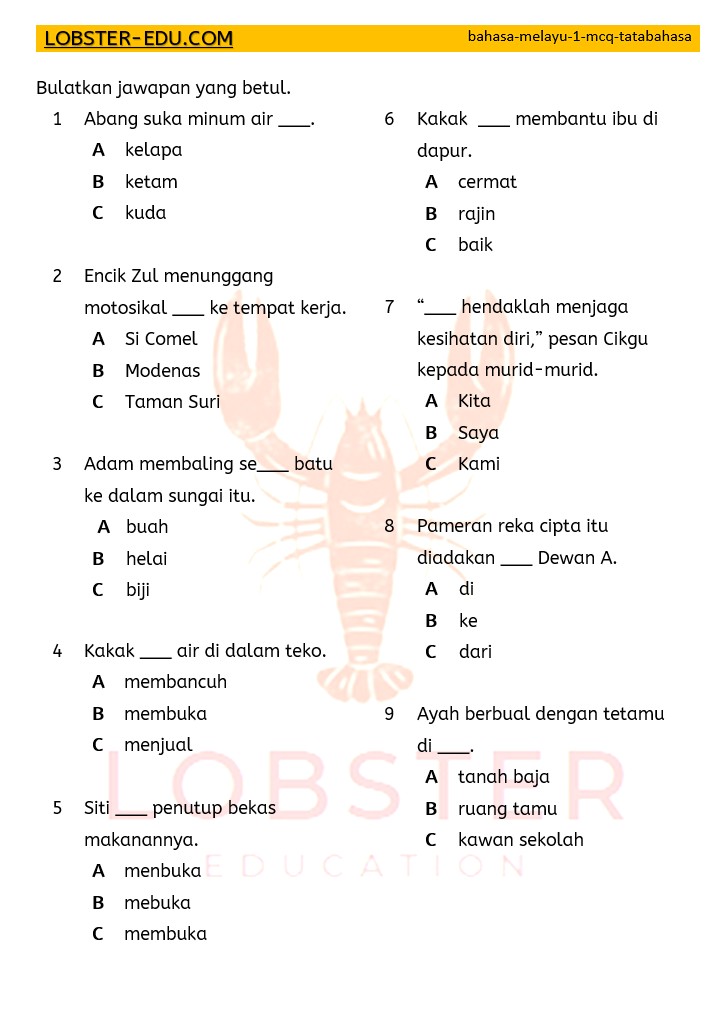 Bahasa Melayu / Year 1 / MCQ / Tatabahasa / 1