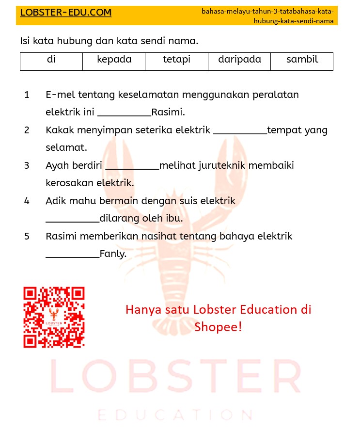 Bahasa Melayu / Tahun 3 / Tatabahasa / Kata Hubung / Kata Sendi Nama / 1