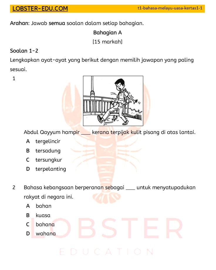 Bahasa Melayu / Tingkatan 1 / Tatabahasa / MCQ / 1